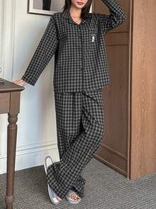 DAZY 女士纽扣前开襟长袖格子印花上衣和裤子休闲睡衣套装，秋冬服装 - 黑色 - 查看 4