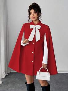 Elenzga Fashionable Casual French Retro Elegant Pearl Button Bow Cloak Overcoat - Red and White - View 3
