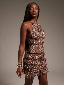Hauture Leopard Print 2-Piece Set – Smocking Halter Backless Top & Mini Skirt For Sexy Night Out & Party