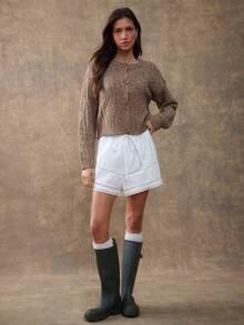 WESTFADE Mocha Brown Cable Knit Cardigan,Women's Round Neck Button Front Relaxed Fit Mixed Stitch Cropped Sweater,Cute Autumn Casual Winter Boho Occasion Top - Camel - View 3