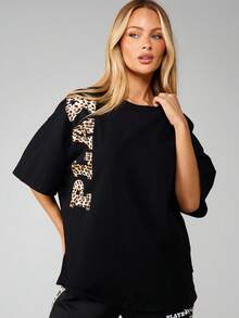 Missguided x Playboy Leopard Print Letter Graphic Oversized T-Shirt Relaxed Fit Crew Neck Casual Top - Black - View 1