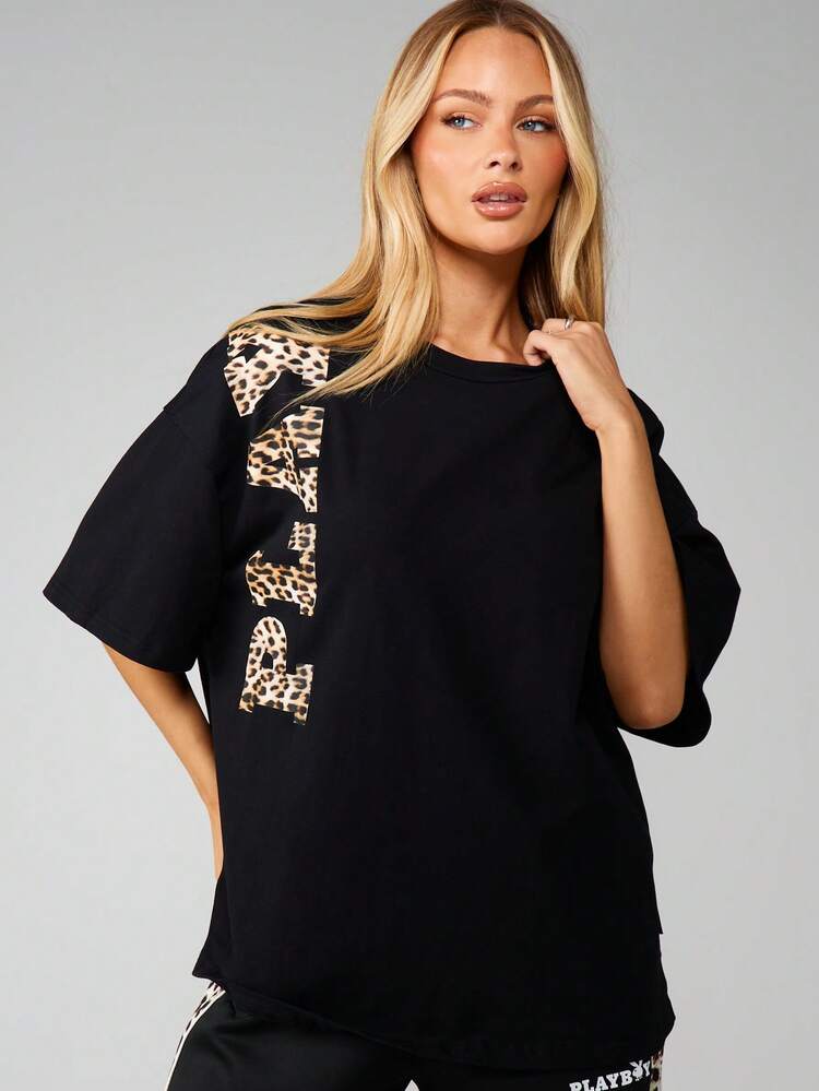 Missguided x Playboy Luźny t-shirt z nadrukiem w panterkę, z okrągłym dekoltem i nadrukiem oversize