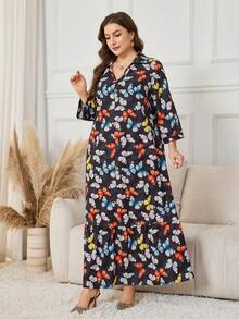 Al Najma Váy họa tiết bướm tay 3/4 thường ngày phong cách Ả Rập cỡ lớn dành cho nữ - màu đen - Xem 4