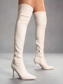 CUCCOO SZL 女士尖头细高跟靴，白色 PU 材质，时尚简约设计，适合日常和派对穿着