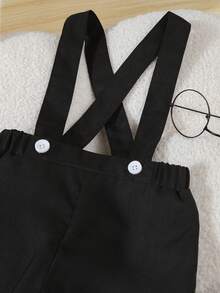 SHEIN 4 件套男婴绅士西装套装：白色长袖衬衫配领结 + 休闲宽松双排扣长袖西装外套 + 松紧腰吊带裤 + 帽子，优雅正式服装，适合婚礼、生日派对、周年纪念、毕业典礼、引座员、戒指持有人 - 黑色 - 查看 7