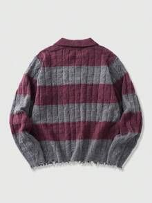 ROMWE MEN Prep Jersey de cuello alto de punto de cable con bloques de color y rayas, casual para hombre, otoño/invierno - Burdeos - Ver 2