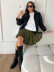 Siren Gaze 女士荷叶边迷你裙，高腰百褶裙，性感短裙，迷你裙。返校节短裙，秋季短裙，迷你裙，音乐会女士冬季绿色短裙 - 墨綠色 - 查看 4