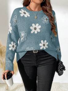 Plus Size Floral Pattern Knit Sweater, Casual For Autumn/Winter - Baby Blue - View 2