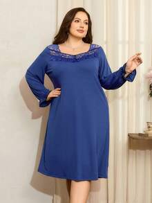 Plus Size Navy Blue Lace Trim Elegant & Comfortable Nightgown, Winter