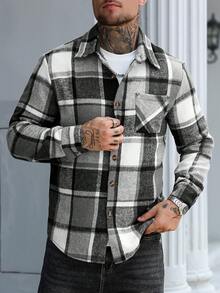 Manfinity Homme Men's Long Sleeve Casual Plaid Print Button-Up Shacket Men Flannel Plaid Shacket - Black and White - View 5