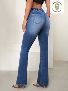 Selenza Women's Elegant Dark Wash Denim Flare Jeans With Crossover Waistband Detail