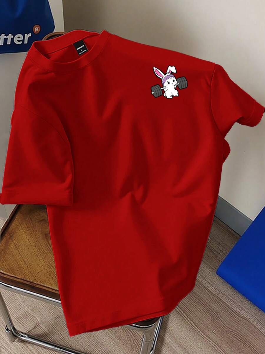 Claim Dot Red Cartoon Rabbit Graphic Short Sleeve T-Shirt, Unisex Casual Sports Round Neck Tee