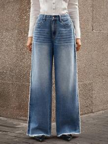 Selenza Women's Jeans Patchwork Rhinestone Chain Pants, New High Waist Slimming Versatile Wide Leg Straight Trousers - Light Wash - View 5