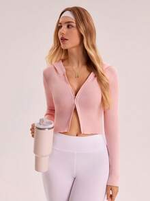 SHEIN Sovereign Charm 女式纯色前拉链短款修身长袖连帽针织开衫 - 淺粉色 - 查看 7