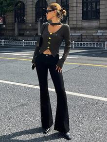 DAZY Autumn/Winter Fitted Turtleneck Knit Sweater With Metal Button Decor, Hollow Out, Halter Neck, High Slit, Fashionable & Elegant For Party, New Year, Christmas, Women