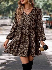 SHEIN LUNE Vestido casual de mujer con cuello en V, estampado floral, mangas farol y volante en el bajo, adecuado para otoño/invierno, estampado de leopardo