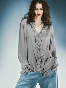 女式 V 领纽扣长袖衬衫，带蕾丝花边，休闲/商务装，秋冬 - 灰色 - 查看 4