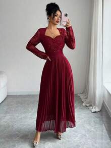 Modelyn Robe de soirée plissée pour femmes avec encolure en forme de cœur et patchwork de dentelle, style français - Rouge foncé - Voir 4