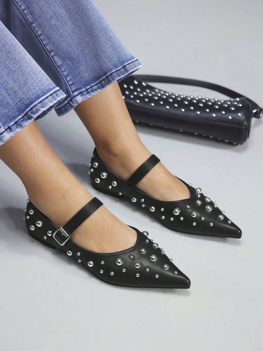 CUCCOO GRLICON Women's Buckle Design Fashion Pointed Toe Studded Slip-On Flats, Suitable For Music Festivals, Halloween, Christmas, Party, Y2K Outfits - Black - View 1