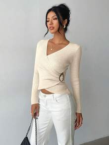 Elenzga Women's Elegant Fitted Criss-Cross Wrap Element Minimalist Classic Ribbed Texture Solid Color Sweater - Apricot - View 3