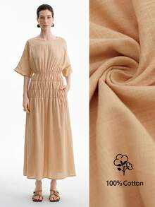 Aalyst Elegant Linen Blend Loose Round Neck Mid-Sleeve Cinched Waist A-Line Dress For Women, Flattering - Yellow - View 1
