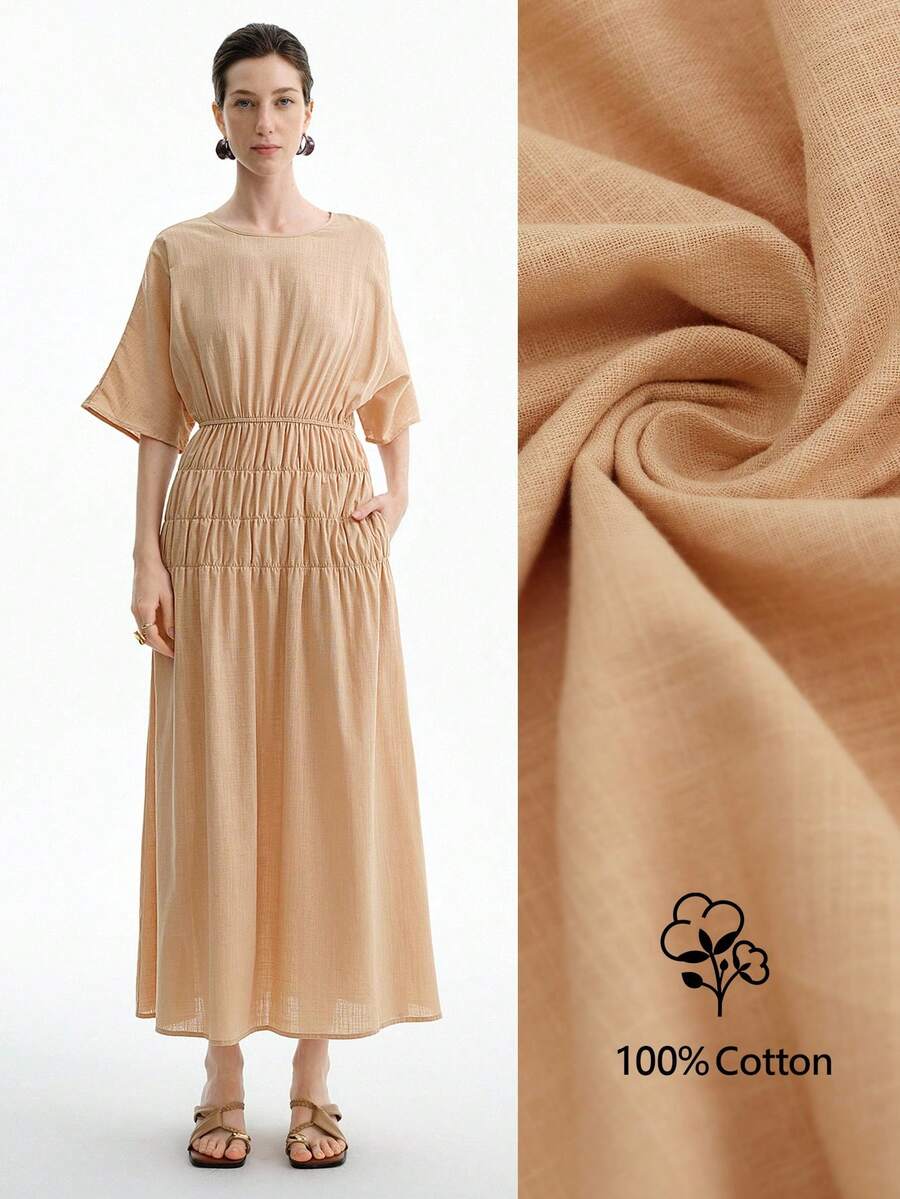 Aalyst Elegant Linen Blend Loose Round Neck Mid-Sleeve Cinched Waist A-Line Dress For Women, Flattering - Yellow - View 1