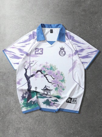 Men's Anime Polo Shirt, Casual & Sports, Cherry Blossom & English Text Graphic Print Short Sleeve Polo Shirt