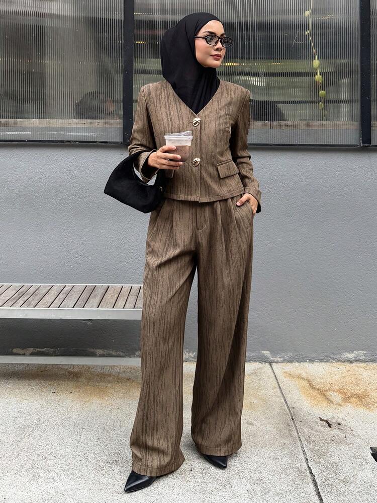 Autumn/Winter Textured Tie-Dye Tie Dye Loose Business Casual Elegant Street Fashion Jacket & Wide Leg Pants Set Modest Fashion