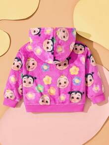 CoComelon X SHEIN Baby Girl Cute Cartoon Graphic Long Sleeve Hooded Zip-Up Comfortable Flannel Sweatshirt