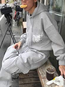 DAZY 男士字母印花羊毛连帽衫套装，街头风格，秋冬 - 灰色 - 查看 5