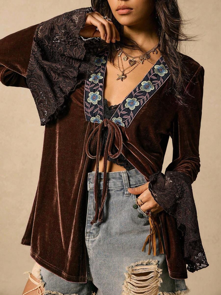 SHEIN EZwear 大码女式刺绣蕾丝装饰长袖衬衫，秋冬款 - 巧克力棕 - 查看 1