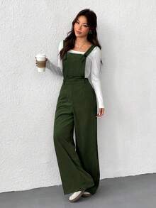 SHEIN EZwear Bộ đồ liền thân thường ngày cho nữ màu xanh ô liu, phong cách tối giản cho trang phục hàng ngày, mùa thu/đông - xanh quân đội - Xem 6