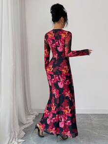 Rafferiza Vestido elegante y sexy para fiestas, reuniones navideñas y ocasiones casuales, con manga larga, estampado, cintura retorcida y diseño hueco de malla para mujeres - Negro - Ver 2