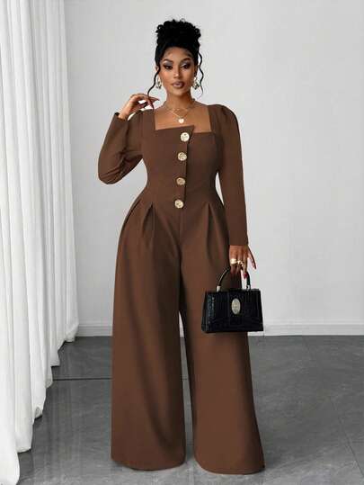 Maweii Plus Size Sexy Long Sleeve Metal Button Wide Leg Jumpsuit