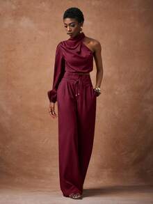 Zivah Women's Burgundy Autumn Elegant Two Pieces Set,One-Shoulder Swing Collar Long-Sleeved Short Shirt & High-Waisted Wide-Leg Pants,Dinner Date Outfit - Burgundy - View 4