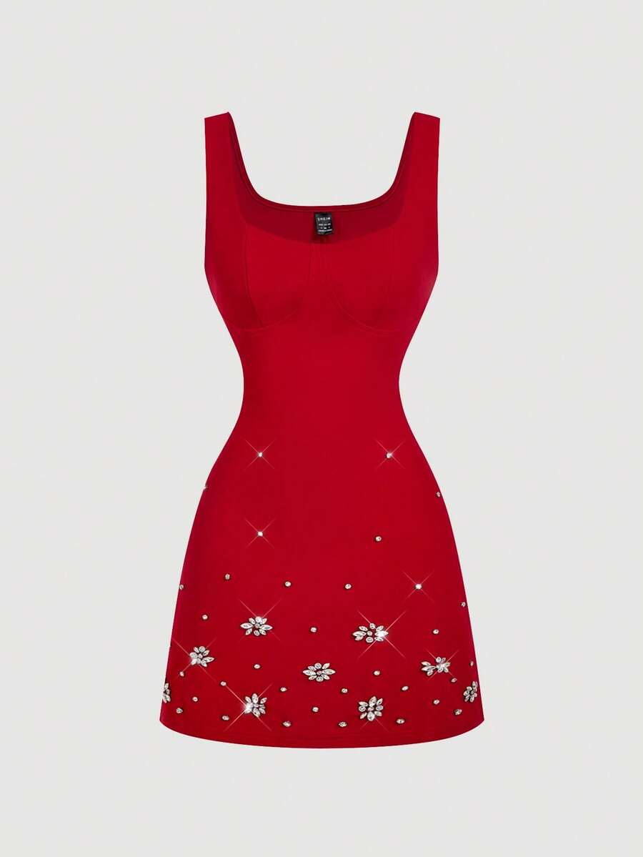 SHEIN MOD Váy ngắn màu đỏ thanh lịch đính đá Rhinestone - Đỏ - Xem 1