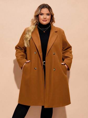 SHEIN CURVE+ Curve Plus Lapel Neck Double Breasted Overcoat/Winter