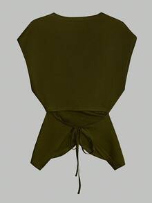 SHEIN Clasi Áo crop top không tay dệt trơn màu buộc eo cho nữ, áo hai dây thanh lịch mùa hè - xanh quân đội - Xem 2