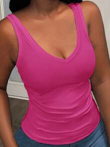 Slaydiva Casual Basic Racerback Sleeveless Deep V-Neck Ribbed Camisole, Fuchsia - Hot Pink - View 2