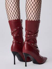 ROMWE Grunge Punk 2025 New Stylish Burgundy Pointed Toe High Heel Boots, Fashionable And Warm