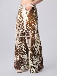 ROMWE EDITION Quần jean ống rộng dáng rộng in họa tiết bò Y2K cổ điển dành cho nữ - Cà phê nâu - Xem 6