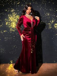 Viva Relle 大码女士优雅派对/婚礼宾客轻盈连衣裙，V领长袖，奢华珍珠和水钻装饰，收腰设计，鱼尾裙摆，红色 - 酒紅色 - 查看 6