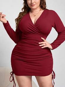 SHEIN Privé Plus Size Women Solid Color Wrap Around Long Sleeve Fitted Dress Bodycon Plus Size Dress Plus Size Club Dress Burgundy Plus Size Dress Ruched Plus Size Dress Plus Size Sexy Dress Plus Size Bodycon Dress Plus Size Ruched Dress/Winter - Burgundy - View 1