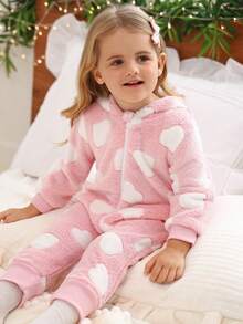 SHEIN Baby Girl Cute All-Over Heart Pattern Bow Decor Zipper Front Hooded Fleece Jumpsuit, Casual Everyday/Commute, Autumn/Winter - Baby Pink - View 1