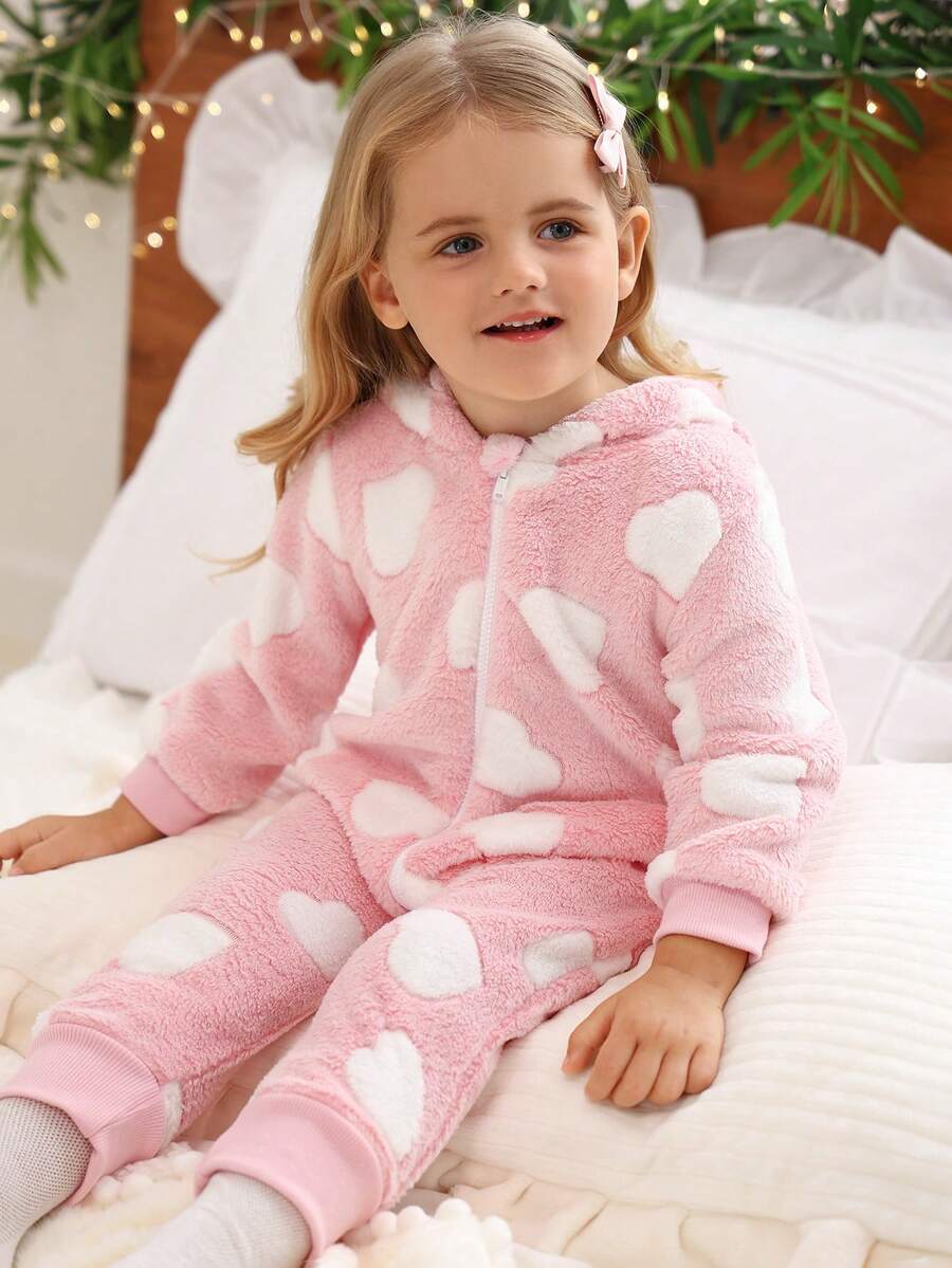 SHEIN Baby Girl Cute All-Over Heart Pattern Bow Decor Zipper Front Hooded Fleece Jumpsuit, Casual Everyday/Commute, Autumn/Winter - Baby Pink - View 1