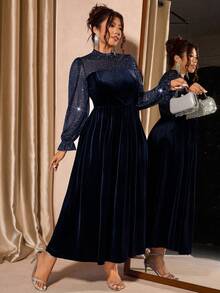 Cravure 大码女式优雅天鹅绒网眼泡泡袖连衣裙，收腰，适合派对 - 藏蓝色 - 查看 3