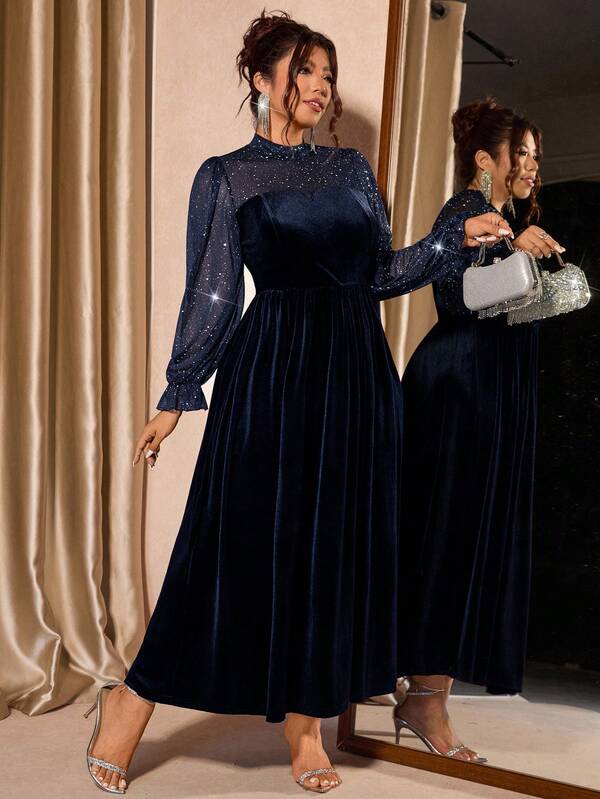 Cravure Plus Size Women Elegant Velvet Mesh Puff Sleeve Dress, Waist Cinched, Suitable For Party