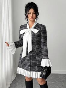 Elenzga Đầm dài tay họa tiết kẻ caro thắt nơ cỡ lớn thanh lịch - màu đen - Xem 6