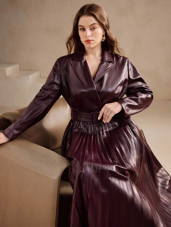 Anewsta Vestido elegante de talla grande color vino tinto con cuello, cintura ajustada, cintura ceñida y dobladillo plisado para mujeres, otoño/invierno