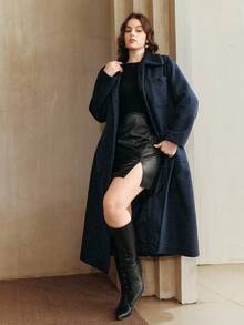 Anewsta Abrigo de lana elegante de talla grande para mujer con cuello largo, cintura ceñida y bolsillos grandes, para otoño/invierno